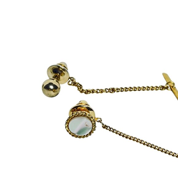 Vintage Lot Of 5 Gold Tone Tie Tacks With Chains & Mixed Designs (6051) - Picture 3 of 5